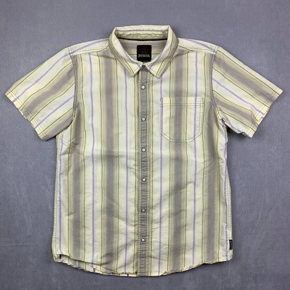 Prana Mens Shirt Large Yellow Vertical Striped Pearl Snap Button Up Southwestern